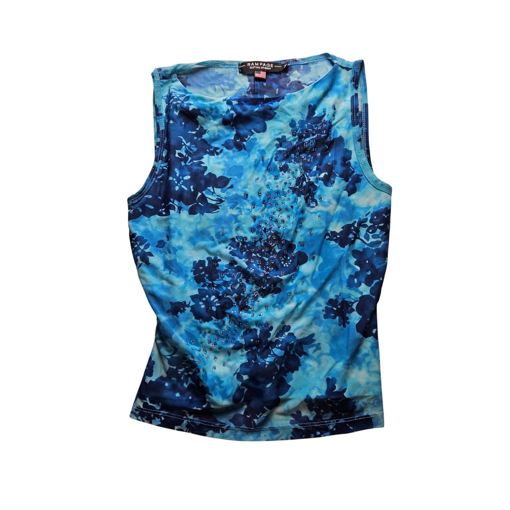 Vintage Rampage Blue Floral Mesh Beaded Tank Top Y2K Medium Made in USA